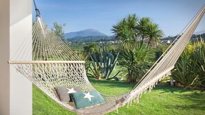 A hammock chair with pillows, set against a backdrop of a grassy lawn and cacti, with a mountain in the distance.