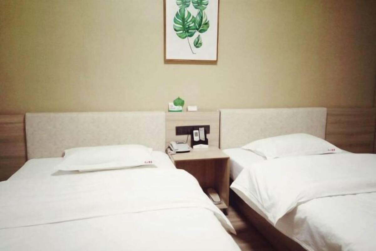 Une chambre d’hôtel avec deux lits, une table de chevet avec un téléphone et une petite plante, et une estampe botanique encadrée au mur.