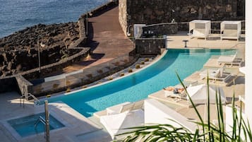Outdoor pool, pool umbrellas, pool loungers
