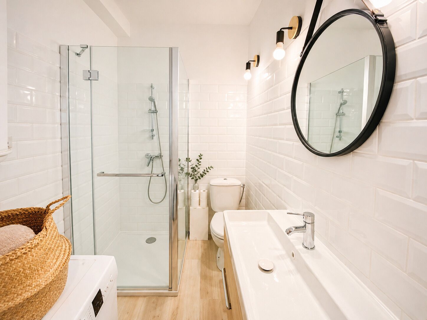 Shower, hair dryer, towels, toilet paper