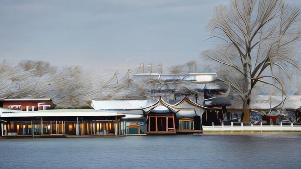A waterfront building with a traditional architectural style, featuring a prominent tree and a white fence. - GreenTree Inn (Beijing Hospital of Traditional Chinese Medicine, Nanluogu Lane, Houhai) (Beijing)