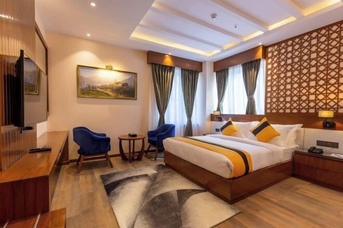 A hotel room with a large bed, two chairs, a desk, and a TV.