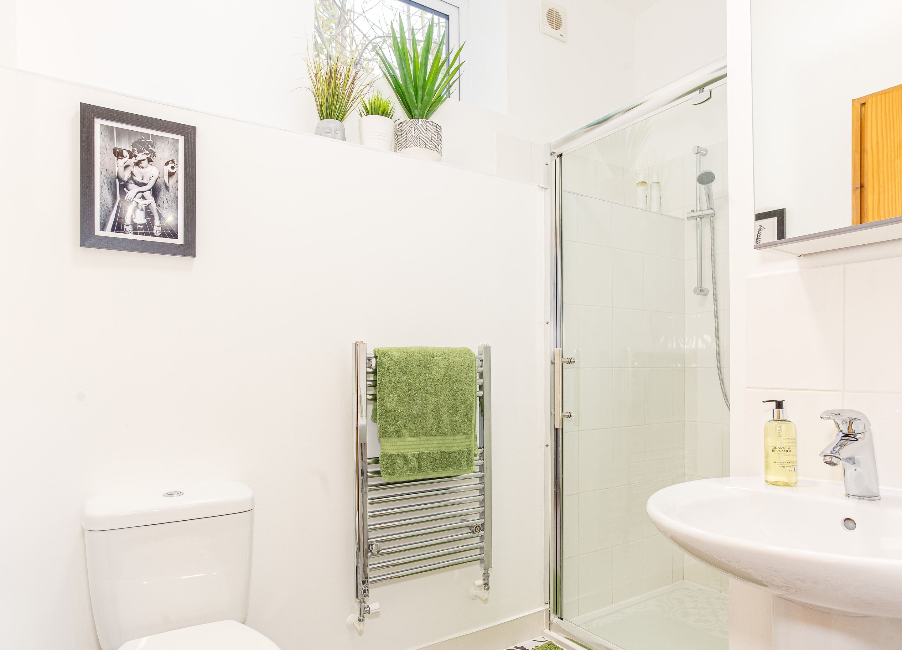 Une salle de bain moderne avec une douche à parois de verre, des toilettes, un lavabo avec un flacon de savon liquide et un tableau encadré au mur.