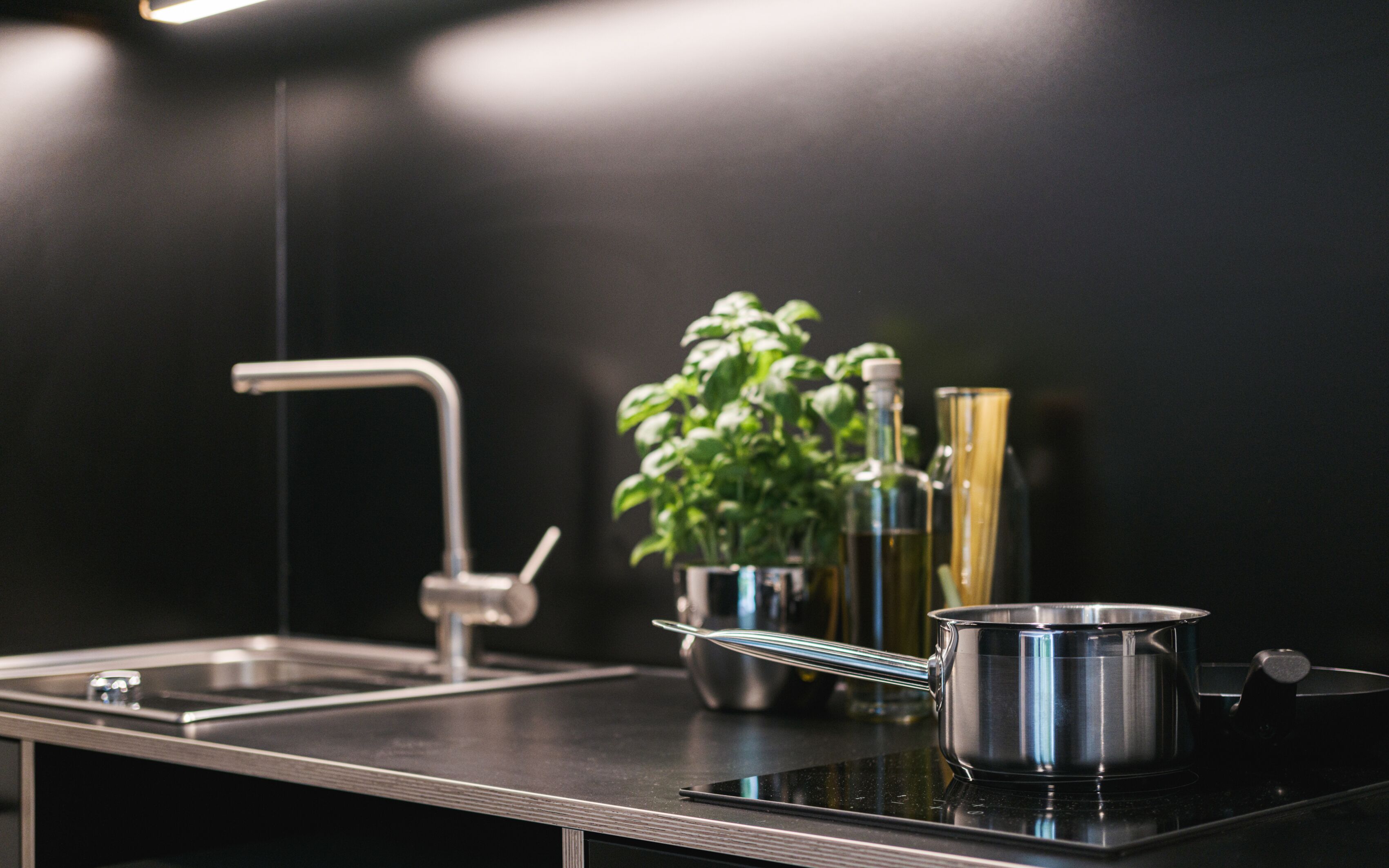 Une cuisine moderne avec un évier en acier inoxydable, une casserole sur la cuisinière et un pot de basilic.