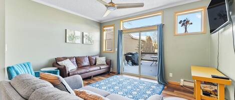 Smart TV, fireplace, foosball