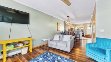 Smart TV, fireplace, foosball