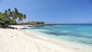 Ein Strand mit klarem türkisblauem Wasser, weißem Sand und Palmen.