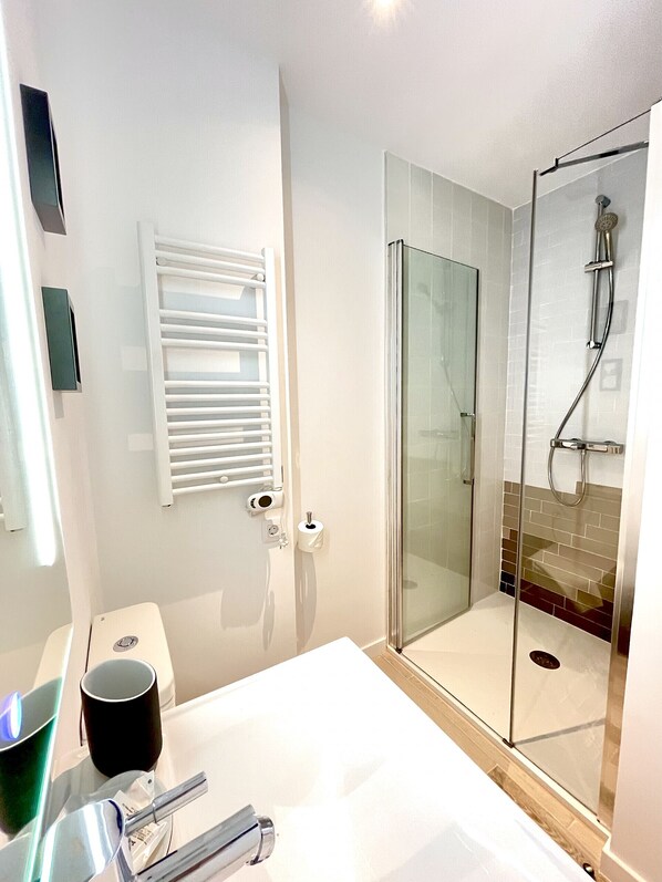 Shower, hair dryer, towels