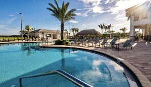 A swimming pool with lounge chairs and palm trees.