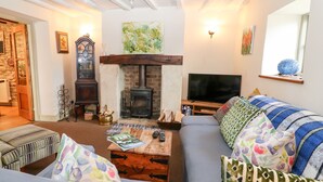 A cozy living room with a fireplace, a television, and a sofa with patterned cushions. - Carter's Cottage (Cheltenham)