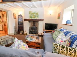 Una sala de estar acogedora con chimenea, televisor y un sofá con cojines estampados.