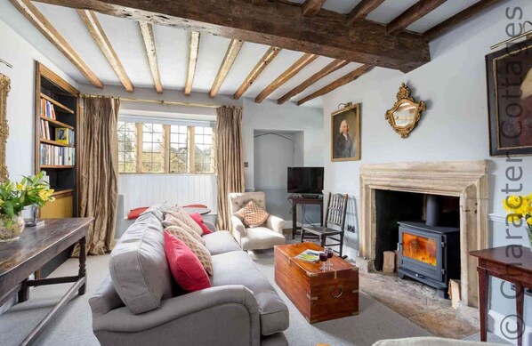 A cozy living room with a fireplace, a sofa set, a wooden coffee table, and a bookshelf. - Shenley (Moreton-in-Marsh)