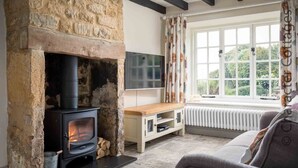 Una sala de estar acogedora con chimenea de piedra, un mueble bajo para televisión de madera, un sofá y una ventana con cortinas.