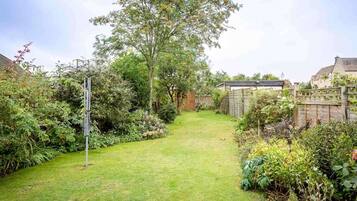 A well-maintained garden with a variety of plants and a clear pathway leading to a house.