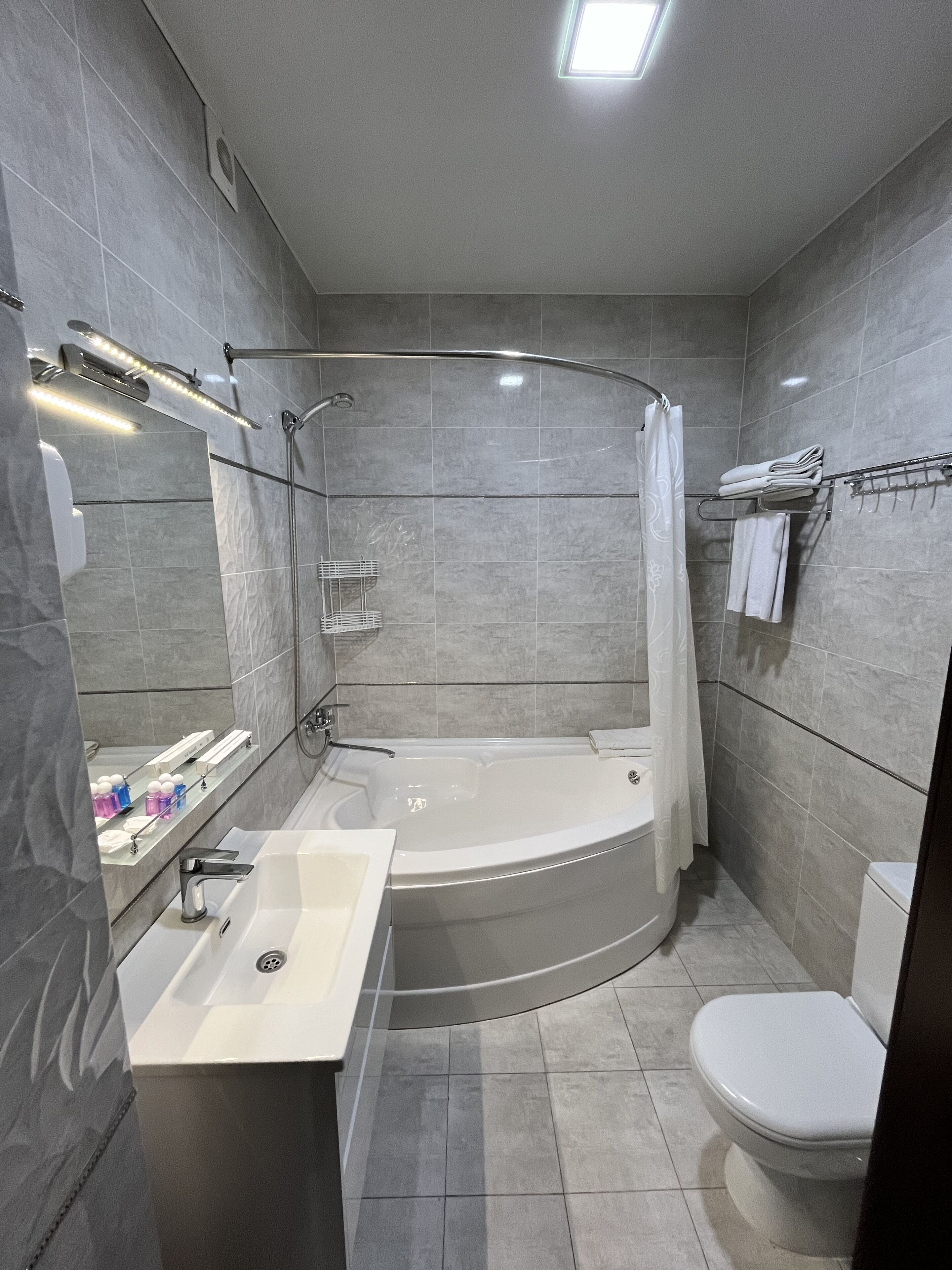 Une salle de bain moderne équipée d’une douche, de toilettes et d’un lavabo.