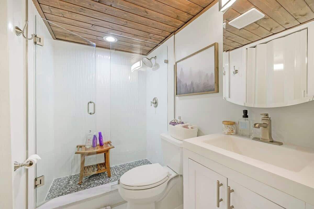 A bathroom with a shower, toilet, and vanity with a mirror.