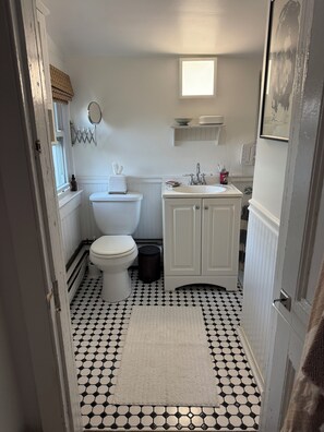 A bathroom with a toilet, sink, and mirror. - Newly renovated cheery 1BR vacation rental with private outdoor deck! (Ocean Grove)