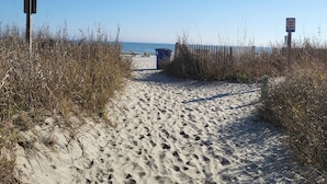 Un sentier de sable qui longe la plage et mène à l’océan, avec un panneau indiquant « Défense de marcher sur les dunes » sur la droite.