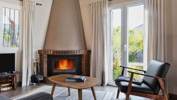 Een smart-tv, een open haard, boeken en een stereo