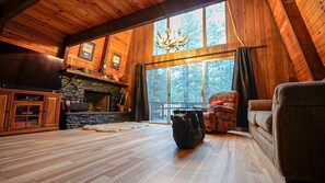 Living area - Moonlit Bear Hut - A Cozy Gambrel Roof A-Frame Cabin retreat (Big Bear City)