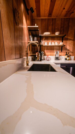Fridge, microwave, oven, stovetop - Moonlit Bear Hut - A Cozy Gambrel Roof A-Frame Cabin retreat (Big Bear City)