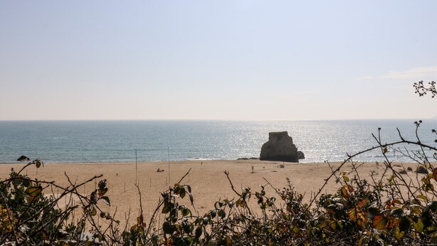 A beach with a large rock formation in the distance, clear skies, and calm sea. - Water Wheels@the West Dry (St Austell)