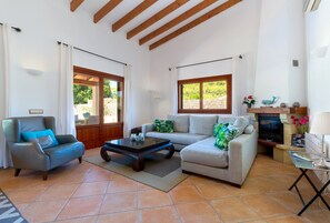 Televisión, chimenea, reproductor de DVD y tenis de mesa 