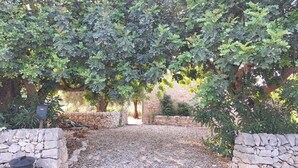A stone wall with a gravel path leading to a stone bench and a metal box.