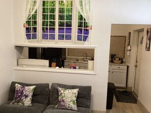 Una habitación con sofá, ventana con vista a árboles, zona de cocina y puerta.
