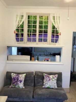 Una sala de estar con sofá, una ventana con cortinas y una zona de cocina con pileta y armarios.