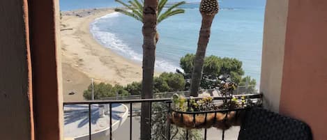 Un balcon avec vue sur une plage et des palmiers.