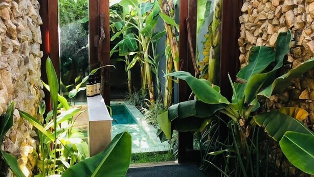 A stone-walled entrance with a glass door leading to a lush garden. - Villa Pantai Boutique Hotel Maragogi (Maragogi)