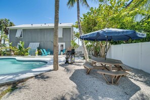 En have med swimmingpool, grill, picnicbord og en blå parasol.