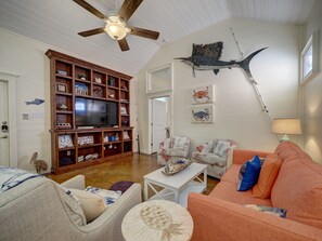 Smart TV, chimenea y libros 