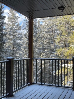 Una terraza de madera con barandas metálicas que da vista a un bosque cubierto de nieve.