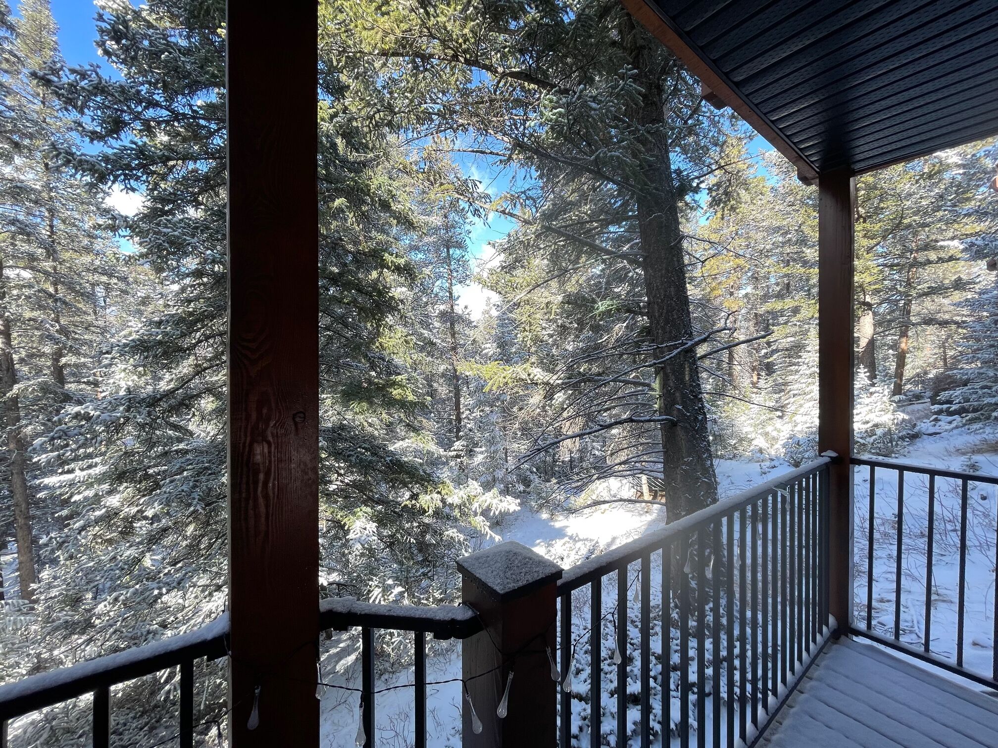 A wooden deck with a railing overlooking a snow-covered forest.