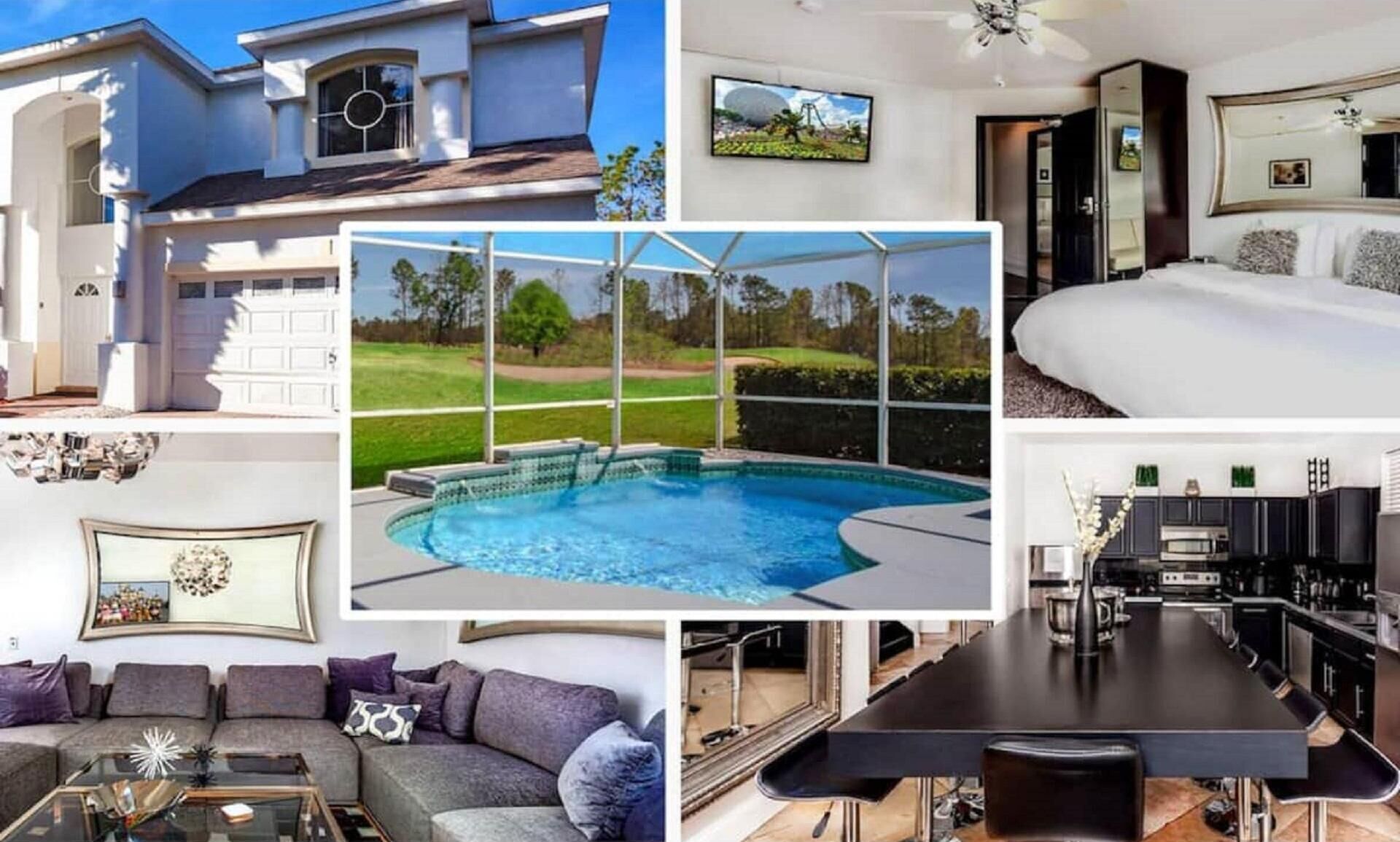 A modern house with a swimming pool, a bedroom with a bed and a TV, a living room with a sofa and a coffee table, and a kitchen with a dining table and chairs.