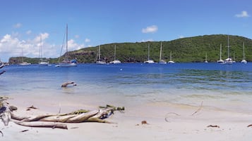 A beach with boats, clear water, and a forested hill in the background.