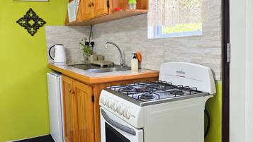 A compact kitchen with a gas stove, a microwave, and wooden cabinets.