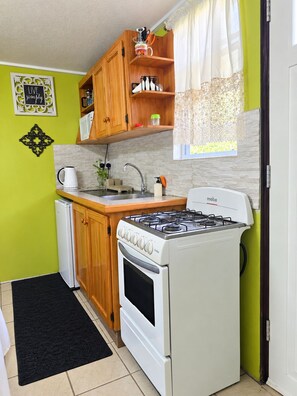 Une cuisine de taille réduite, équipée d’une cuisinière à gaz, d’un four à micro-ondes et de meubles de rangement en bois.