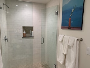Shower, hair dryer, towels, soap