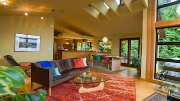 TV connectée, cheminée, livres, chaßne hi-fi