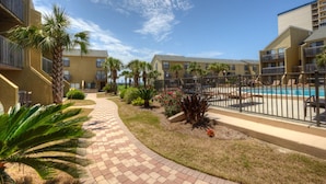 A courtyard with a swimming pool, palm trees, and a brick pathway.