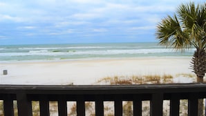 A beach with a palm tree and a wooden railing.