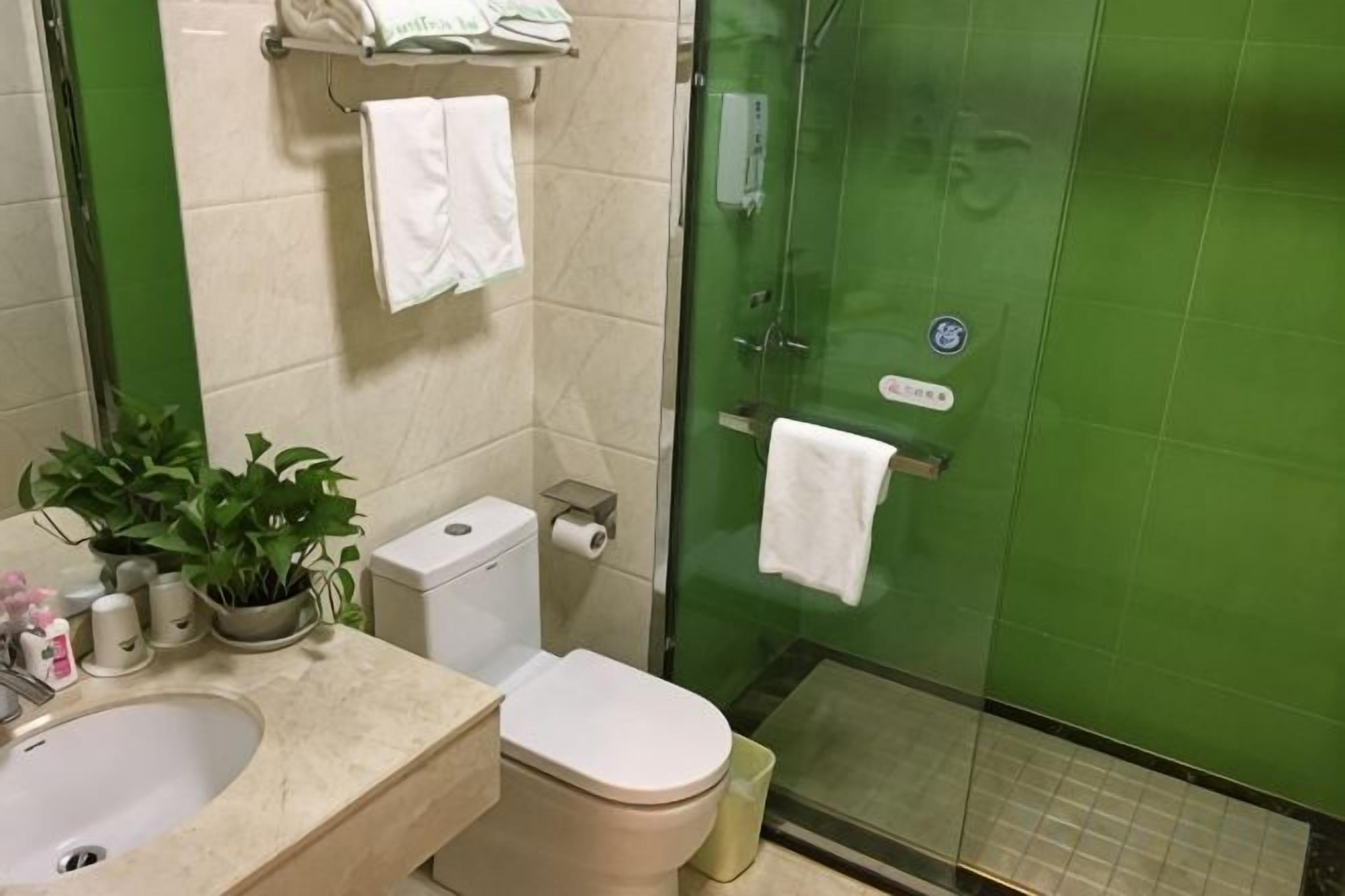 A bathroom with a toilet, sink, and green-tiled shower area.
