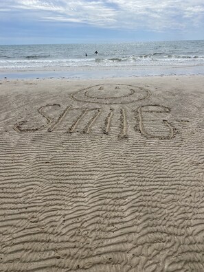 On the beach, sun loungers