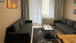 Un salon avec deux canapés gris foncé, une petite table basse en bois et un tapis noir et blanc. Il y a deux fenêtres avec des rideaux légers, et un radiateur sous l’une des fenêtres.