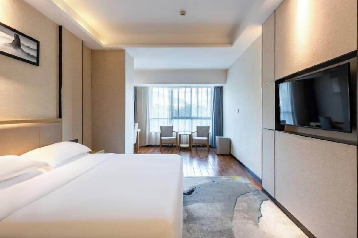 A hotel room with a bed, a TV, a desk, and a view of the outdoors.