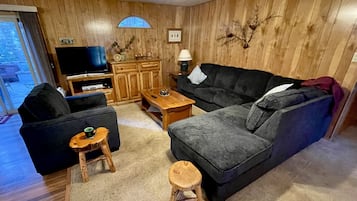 Smart-tv, eldstad, dvd-spelare och böcker