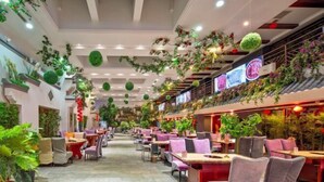 A restaurant with indoor seating, green plants, and red lanterns. - Yulin Hotel (Guazhou)